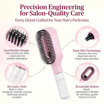 2-in-1 Manual Detangling Hair Brush with 50ml Spray Bottle (1 Pink)
