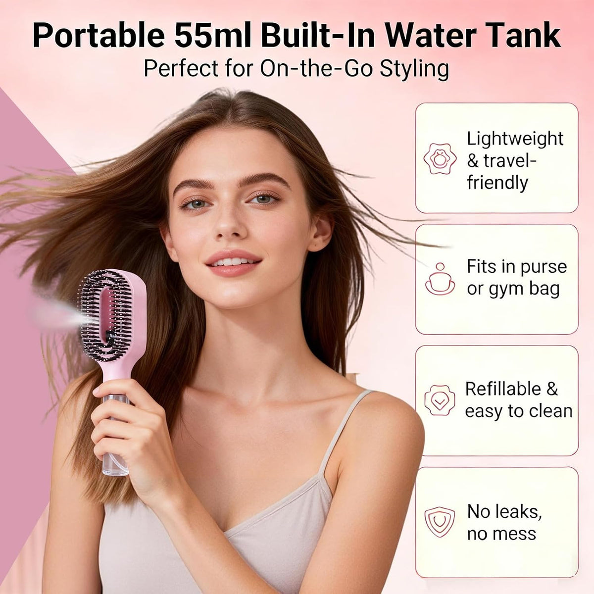 2-in-1 Manual Detangling Hair Brush with 50ml Spray Bottle (1 Pink)