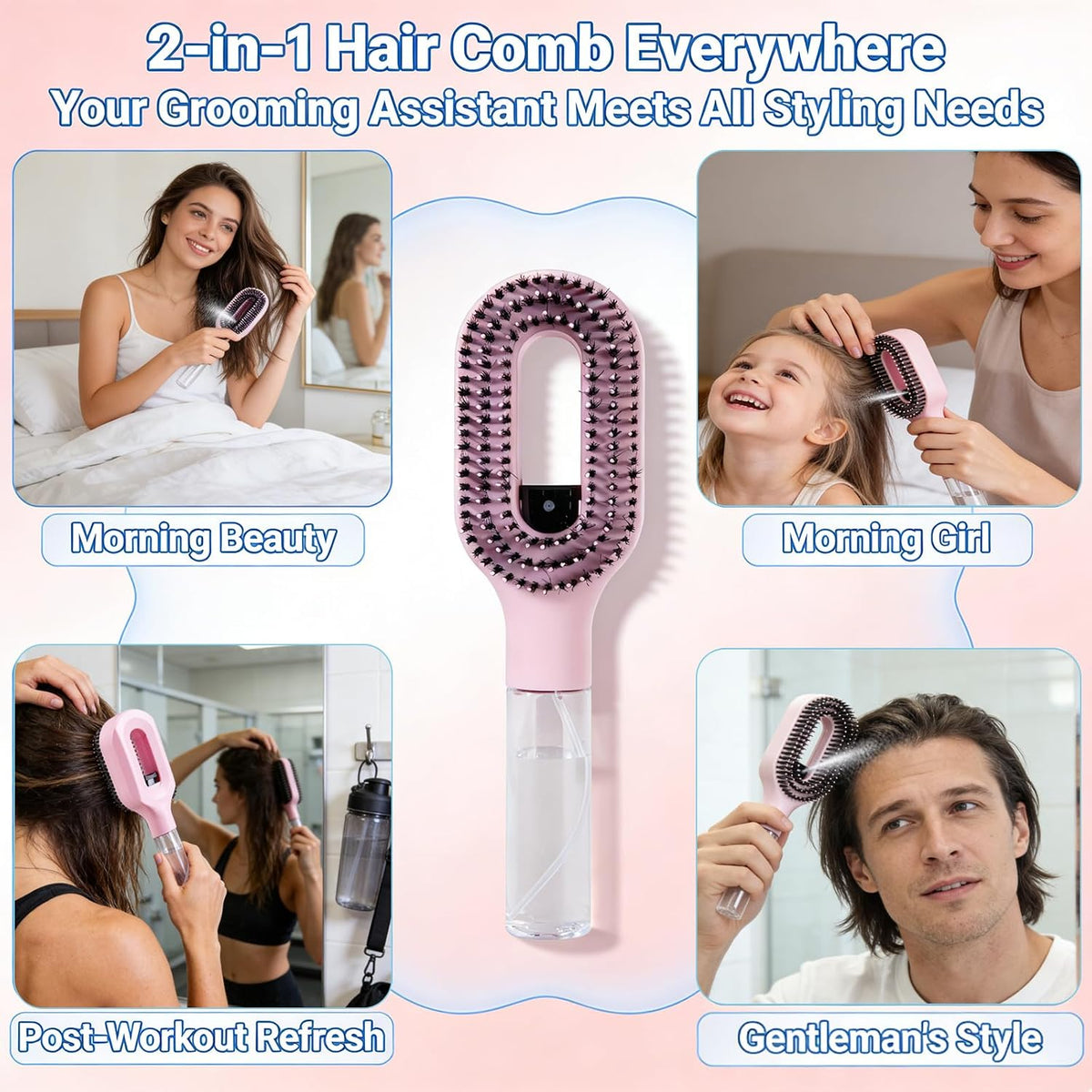 2-in-1 Manual Detangling Hair Brush with 50ml Spray Bottle (1 Pink)