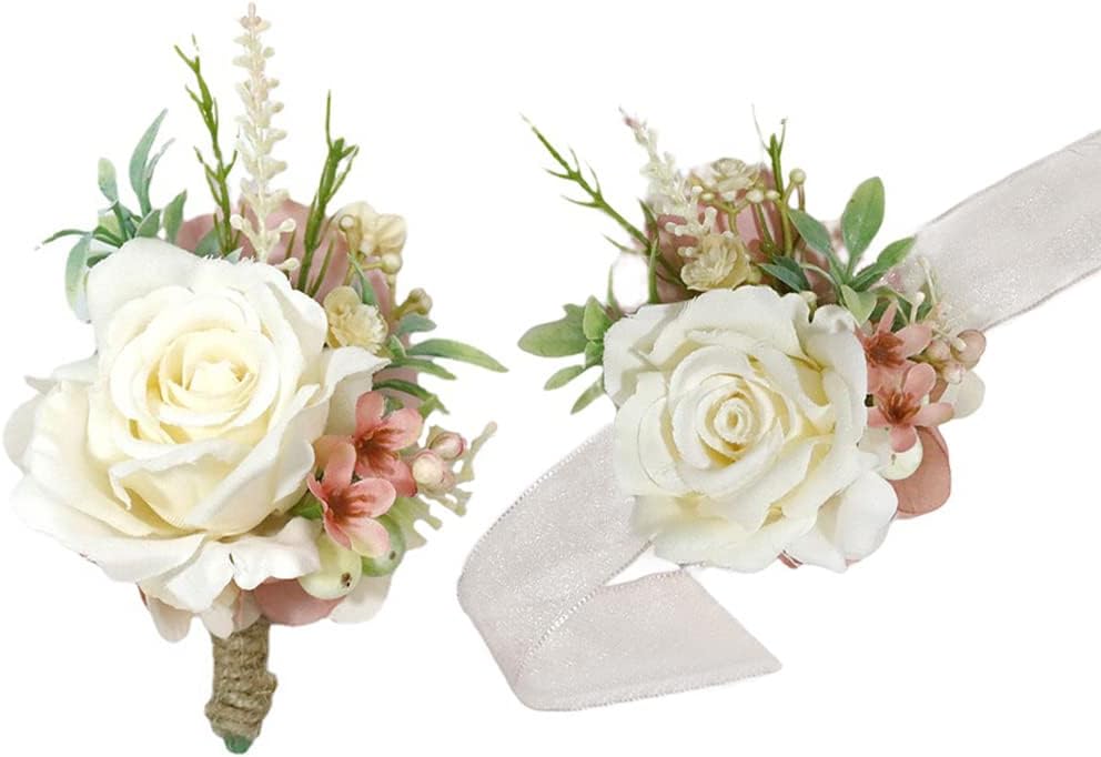 Corsage & Boutonniere Set, Creamy White+Pink, 2 Pieces