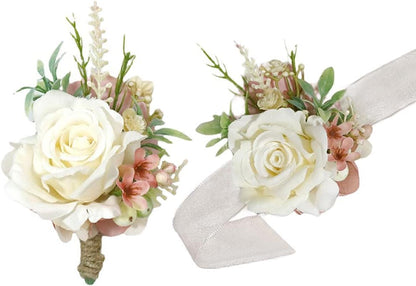 Corsage & Boutonniere Set, Creamy White+Pink, 2 Pieces