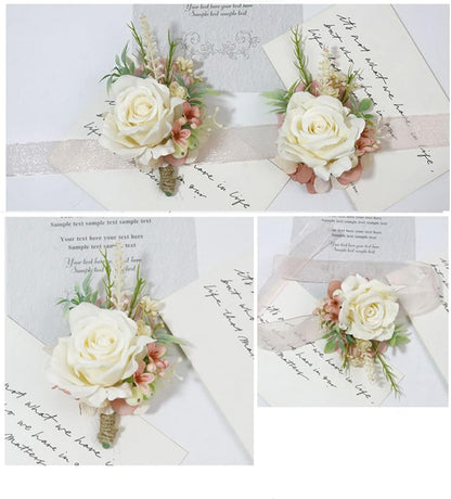 Corsage & Boutonniere Set, Creamy White+Pink, 2 Pieces