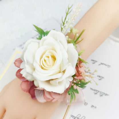 Corsage & Boutonniere Set, Creamy White+Pink, 2 Pieces