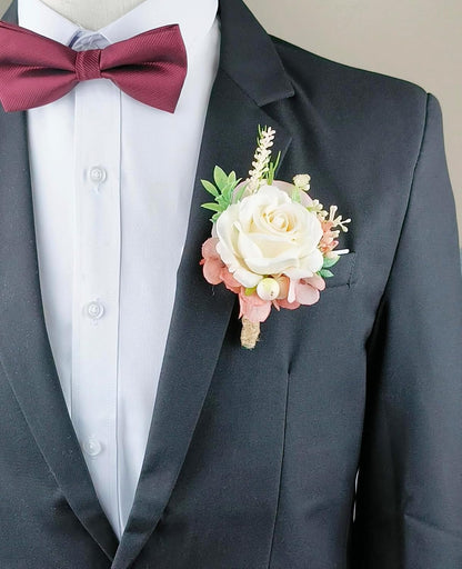 Corsage & Boutonniere Set, Creamy White+Pink, 2 Pieces