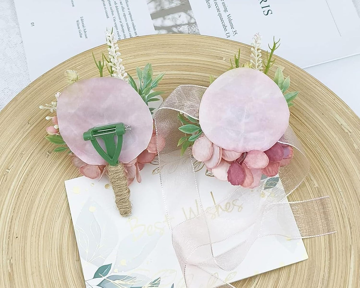 Corsage & Boutonniere Set, Creamy White+Pink, 2 Pieces