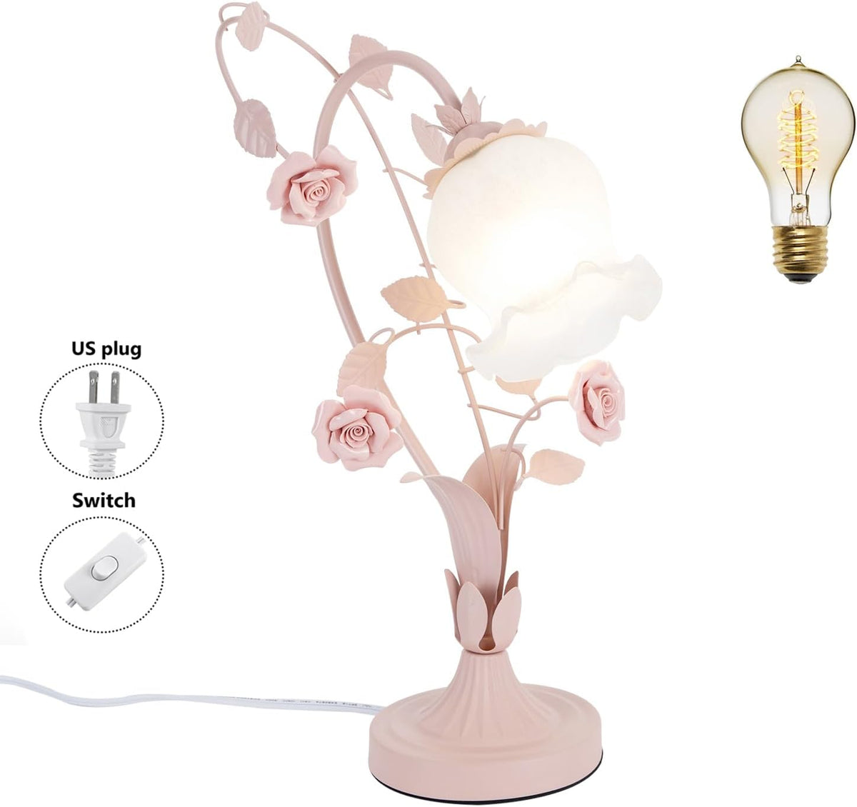 Flower Glass Table Lamp, Stained Glass Flower Cute Vintage Table Reading Lamps Dimmable Nightstand Desk Lights, 17 inches Tall for Bedroom Living Room Office Dresser