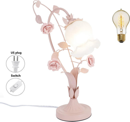 Flower Glass Table Lamp, Stained Glass Flower Cute Vintage Table Reading Lamps Dimmable Nightstand Desk Lights, 17 inches Tall for Bedroom Living Room Office Dresser