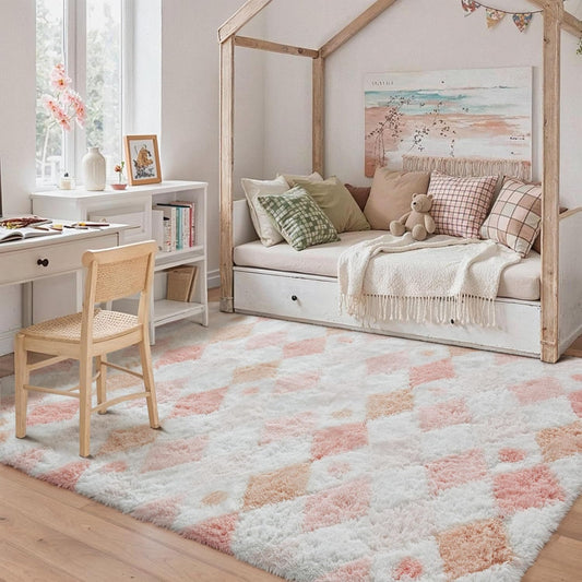 Pink 4x6 Area Rug for Kids Room Soft Fluffy Checkered Shag Carpet
