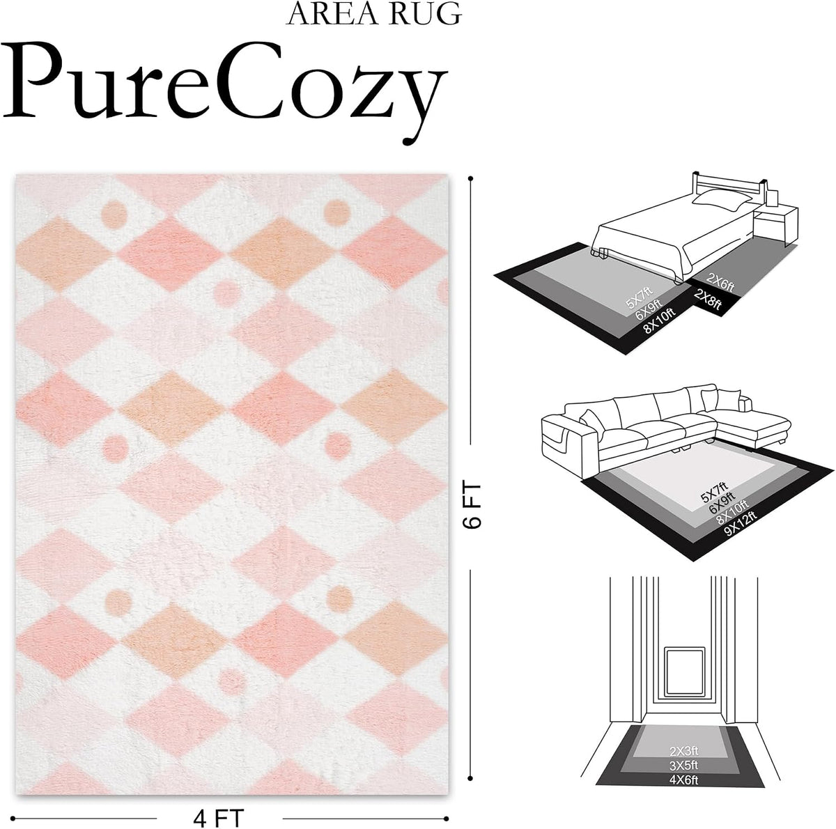 Pink 4x6 Area Rug for Kids Room Soft Fluffy Checkered Shag Carpet