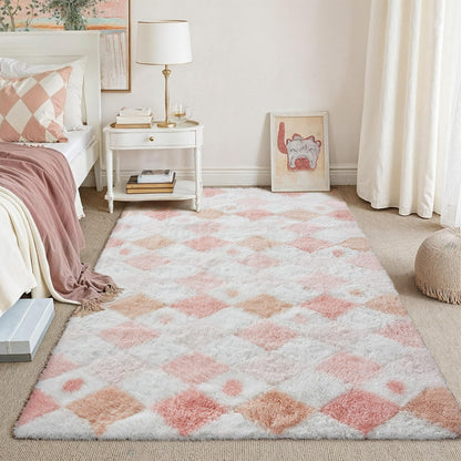 Pink 4x6 Area Rug for Kids Room Soft Fluffy Checkered Shag Carpet