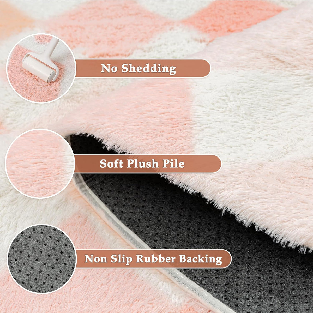 Pink 4x6 Area Rug for Kids Room Soft Fluffy Checkered Shag Carpet