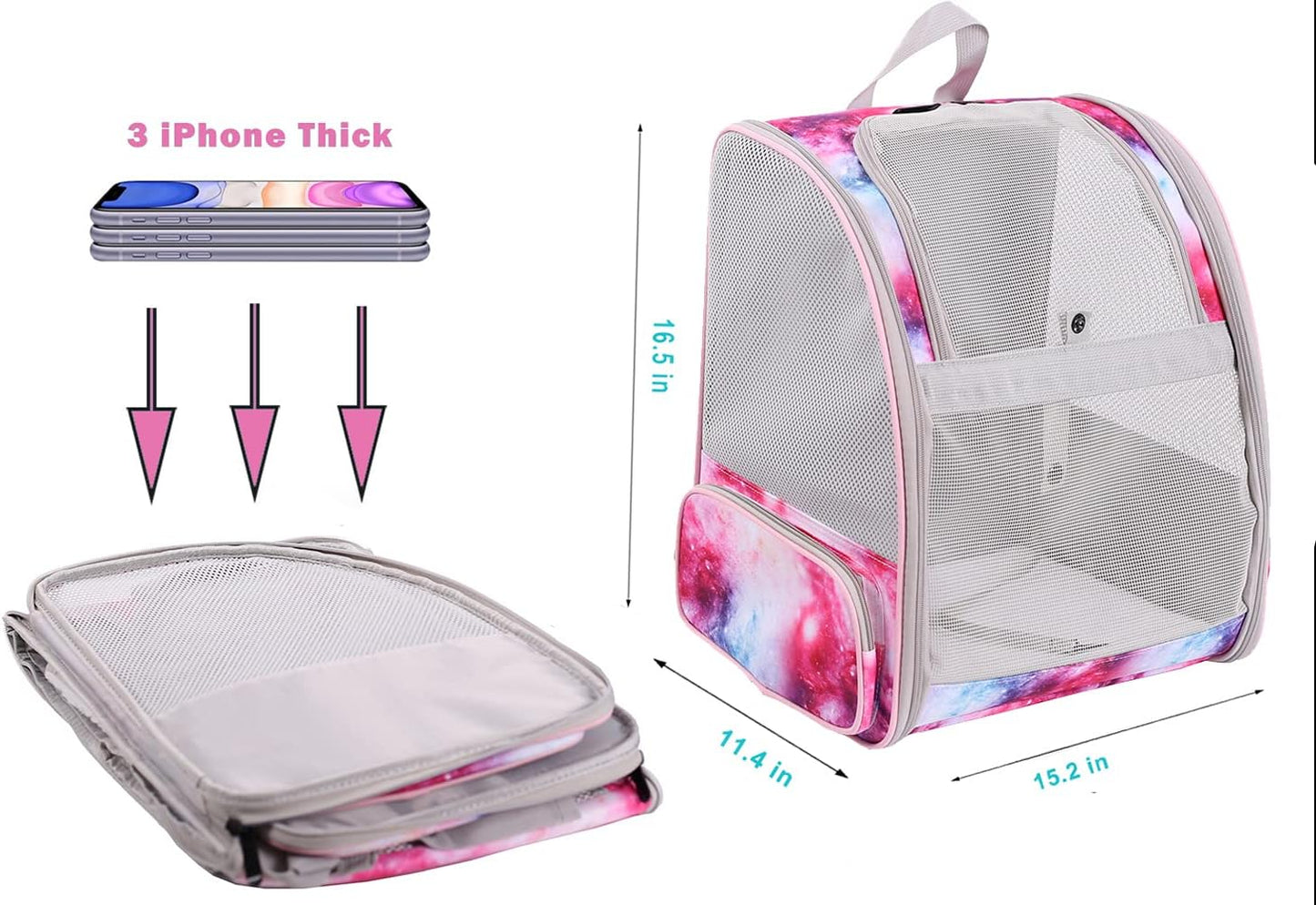 Galaxy Pink Pet Carrier Backpack for Cats and Small Dogs, Backpack for Kitten Bunny Airline Approved Travel Hiking Camping Cat Vet Book Bag (Ventilation)