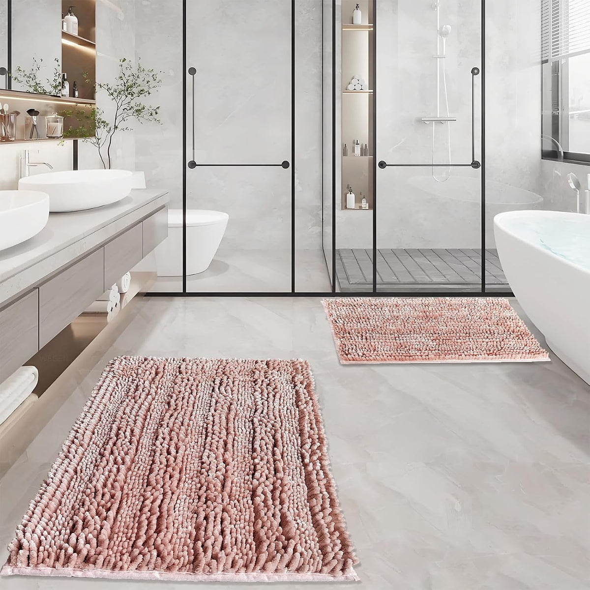 Bathroom Rugs Set 2 Pieces Pink, Luxury Butter Chenille Bathroom Mats Non Slip Bath Mats, Super Absorbent and Machine Washable Bath Rug Sets, 31x20 and 16x24 Inch