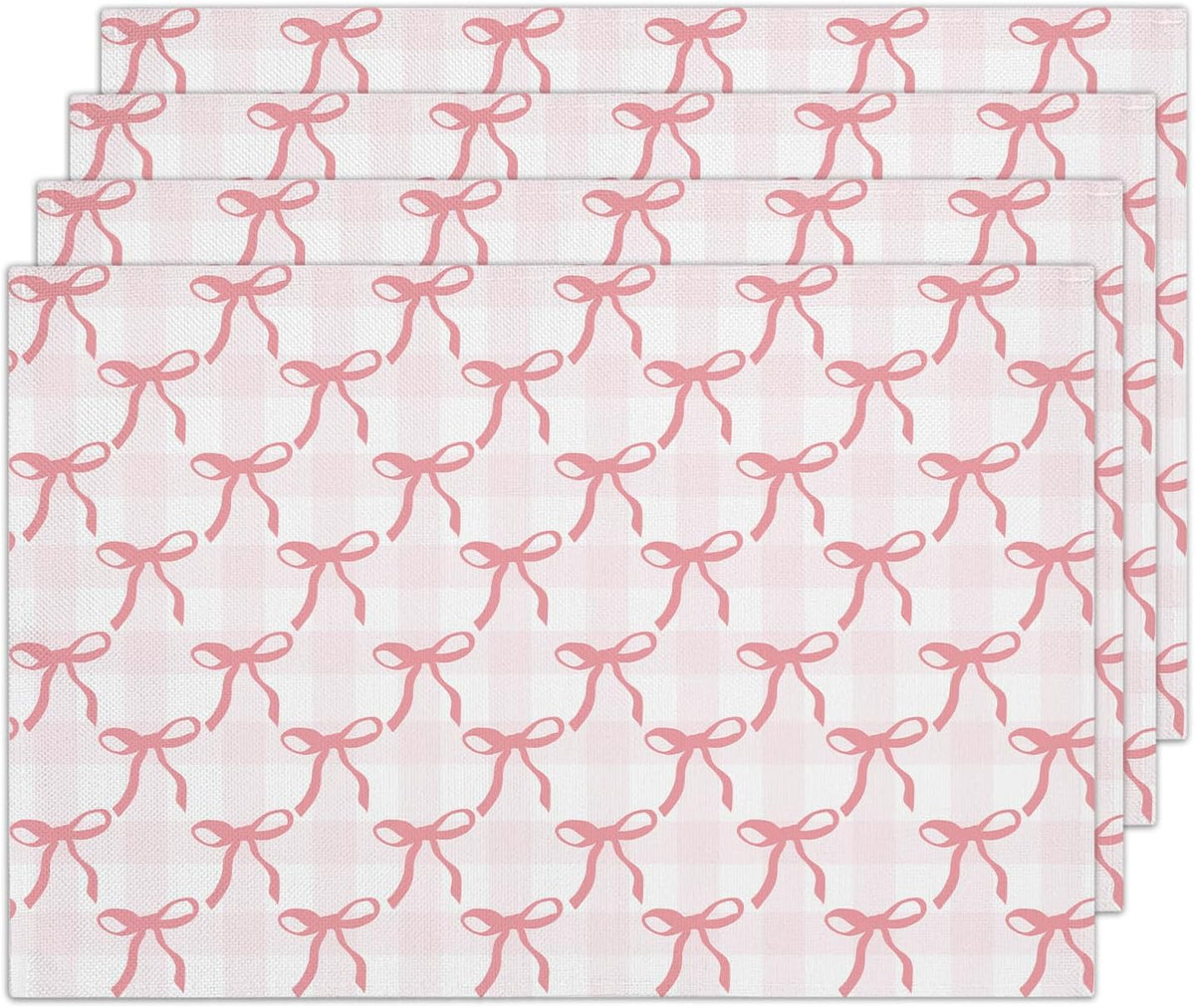 Pink Plaid Bow Placemats Set of 4, Washable Heat Resistant Placemats Kitchen Table Mats,12x18 Inch Place Mats for Home Restaurant Farmhouse, Indoor Outdoor Party Table Decoration -A05