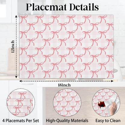 Pink Plaid Bow Placemats Set of 4, Washable Heat Resistant Placemats Kitchen Table Mats,12x18 Inch Place Mats for Home Restaurant Farmhouse, Indoor Outdoor Party Table Decoration -A05