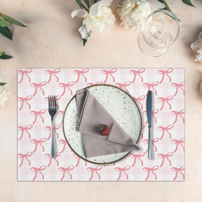 Pink Plaid Bow Placemats Set of 4, Washable Heat Resistant Placemats Kitchen Table Mats,12x18 Inch Place Mats for Home Restaurant Farmhouse, Indoor Outdoor Party Table Decoration -A05