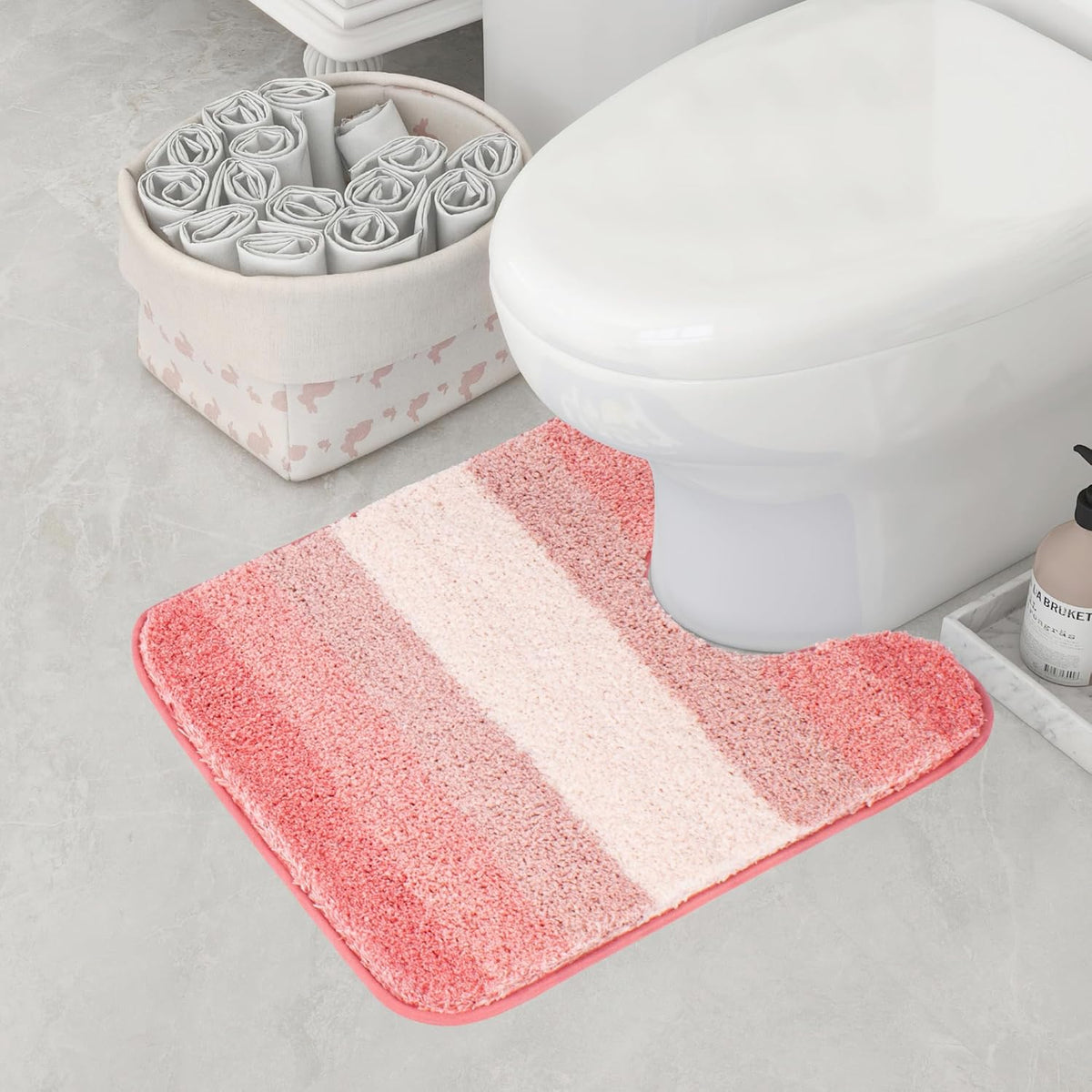 Bathroom Contour Rug (20 x 24, Ombre Pink) Bath Mat Non Slip Water Absorbent Soft Microfiber Shaggy Bathroom Rug Machine Washable Bath Mat U Shape Toilet Rug