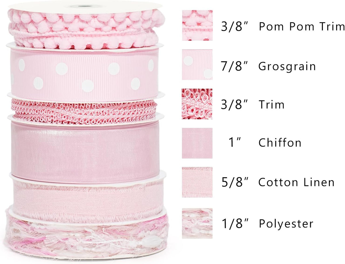 Pink Ribbons for Crafts 6 Rolls Baby Pink Ribbons