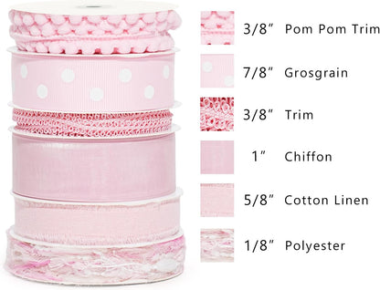 Pink Ribbons for Crafts 6 Rolls Baby Pink Ribbons