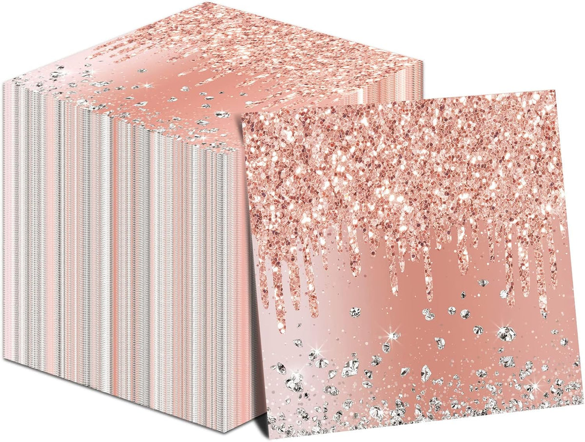 100 Pieces Rose Gold Birthday Napkins Pink Party Decorations Disposable Paper Napkins for Girls Women Sweet Diamond Theme Anniversary Wedding Baby Shower Favors Supplies