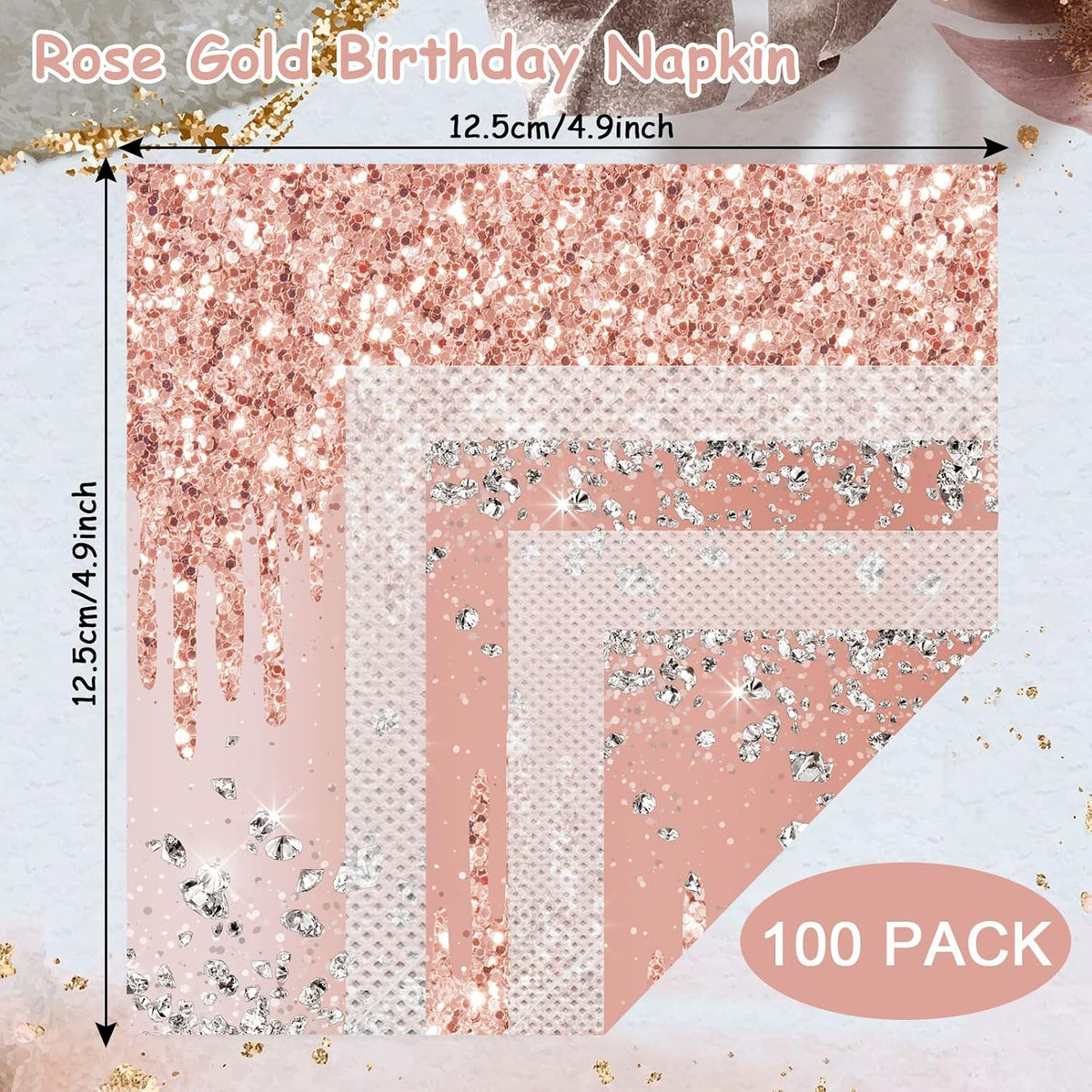100 Pieces Rose Gold Birthday Napkins Pink Party Decorations Disposable Paper Napkins for Girls Women Sweet Diamond Theme Anniversary Wedding Baby Shower Favors Supplies