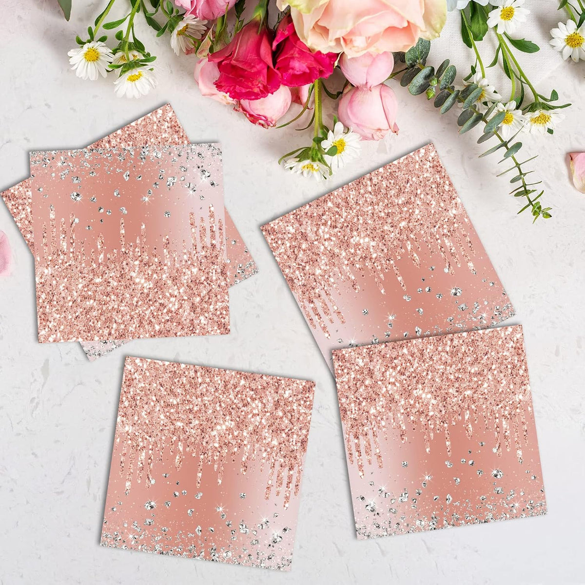 100 Pieces Rose Gold Birthday Napkins Pink Party Decorations Disposable Paper Napkins for Girls Women Sweet Diamond Theme Anniversary Wedding Baby Shower Favors Supplies