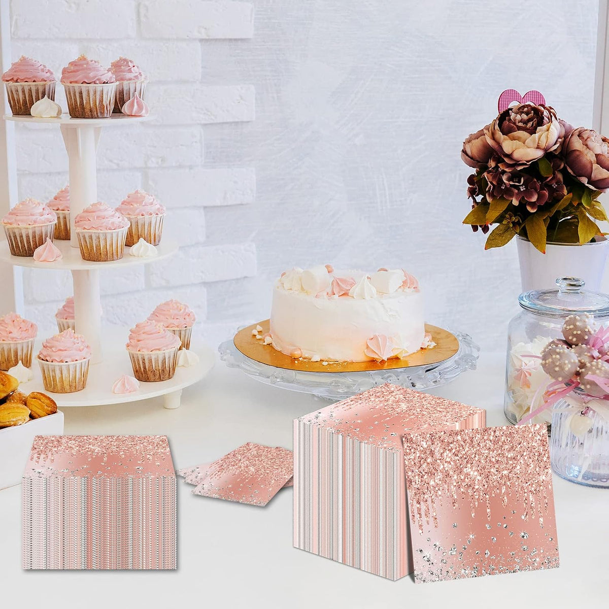 100 Pieces Rose Gold Birthday Napkins Pink Party Decorations Disposable Paper Napkins for Girls Women Sweet Diamond Theme Anniversary Wedding Baby Shower Favors Supplies