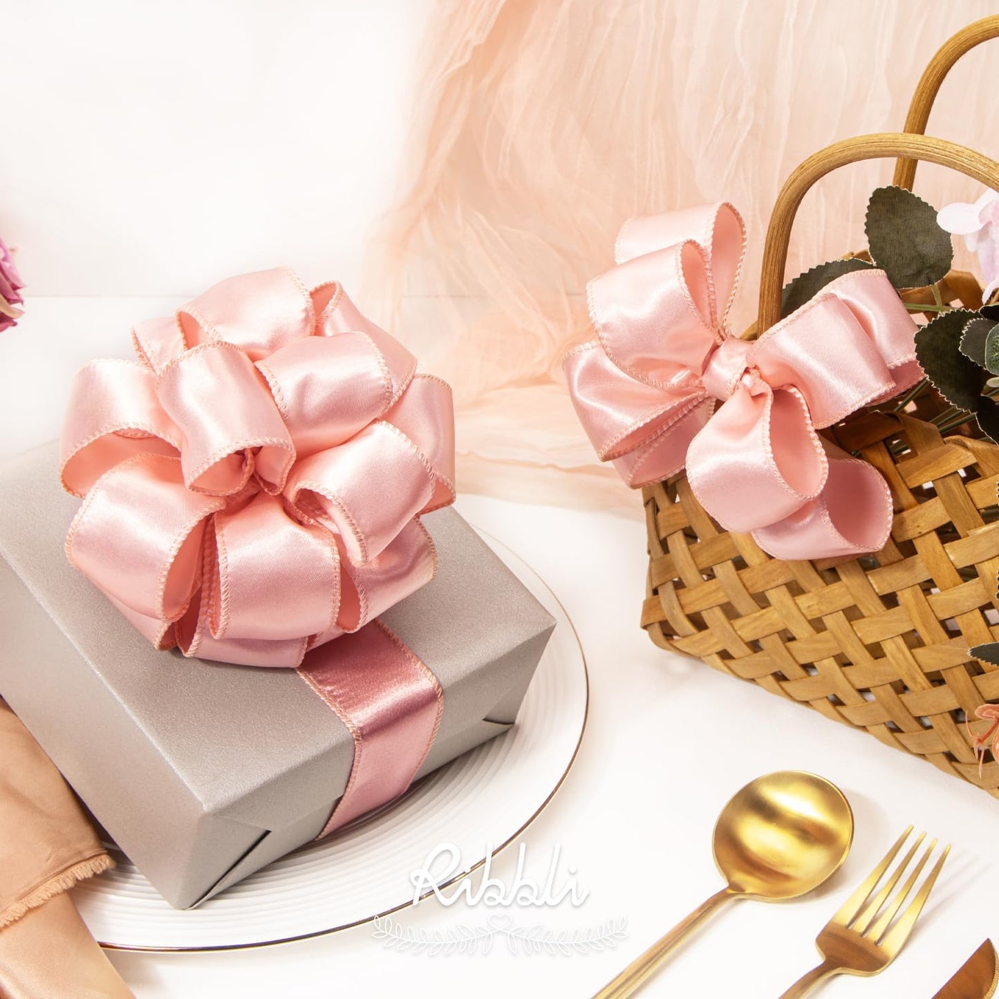 Champagne Pink Satin Wired Ribbon 1.5 Inch Champagne Pink Christmas Ribbon for Gift Wrapping Wreaths Garland Tree Decoration Crafts Home Decor-Continous 20 Yards
