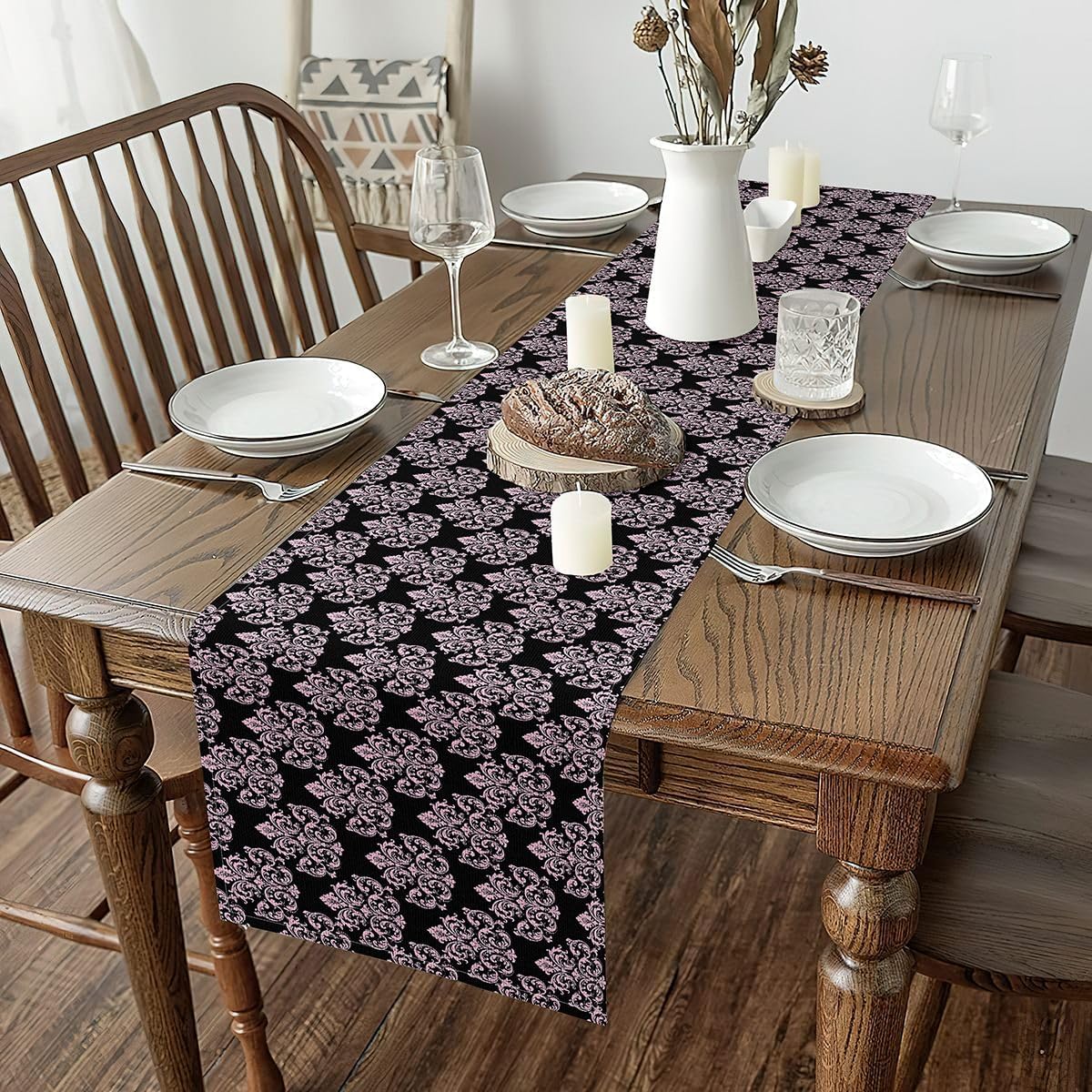 Pink Black Damask Table Runner Luxurious Baroque Rococo Style Table Runners for Kitchen Dining Room Pink Damask Flower Pattern Dresser Runners for Home Party Decor 72x13 Inch