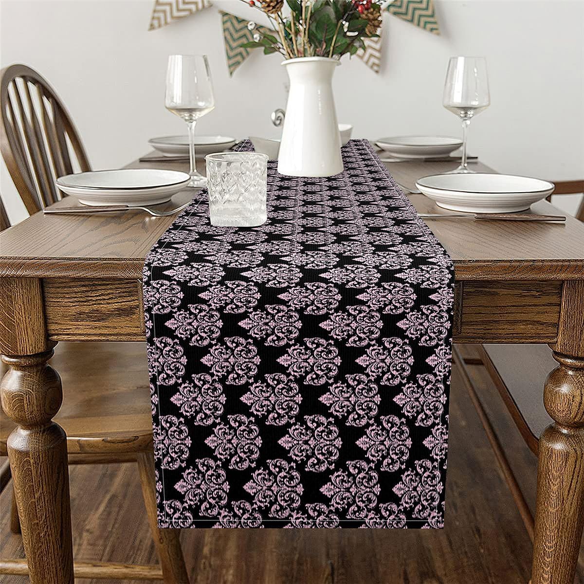 Pink Black Damask Table Runner Luxurious Baroque Rococo Style Table Runners for Kitchen Dining Room Pink Damask Flower Pattern Dresser Runners for Home Party Decor 72x13 Inch