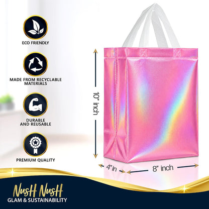 Set of 30 Reusable Medium Pink Iridescent Gift Bags with Handles