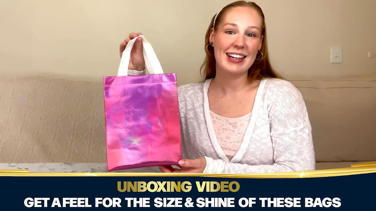 Set of 30 Reusable Medium Pink Iridescent Gift Bags with Handles