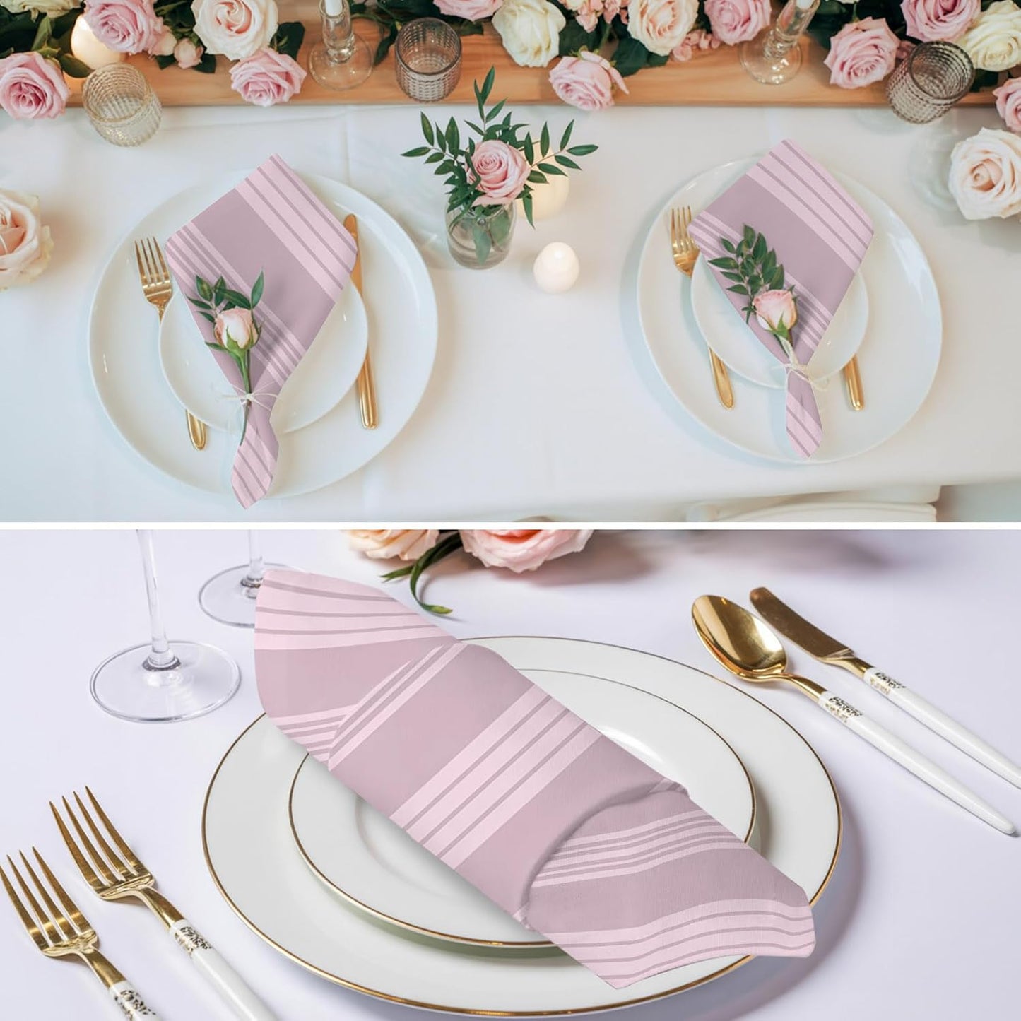 Modern Minimalist Lines Cloth Napkins Set of 6, Holiday Napkins for Baby Shower, Pink Lines Stripes Pattern Washable Reusable Dinner Napkin for Cocktail Wedding Party, 20 x 20 Inch