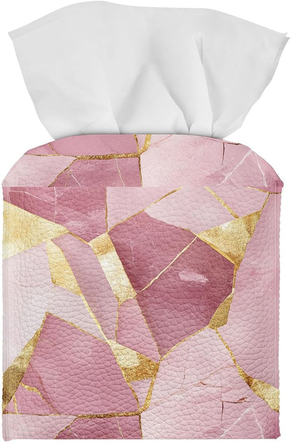 Tissue Box Cover Square, PU Leather Tissue Box Holder for Bathroom, Living Room & Office Desk, Pink Marble with Gold Foil Inlay, Decorative Modern Tissue Box Cover