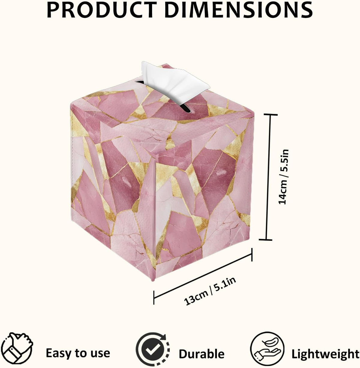 Tissue Box Cover Square, PU Leather Tissue Box Holder for Bathroom, Living Room & Office Desk, Pink Marble with Gold Foil Inlay, Decorative Modern Tissue Box Cover