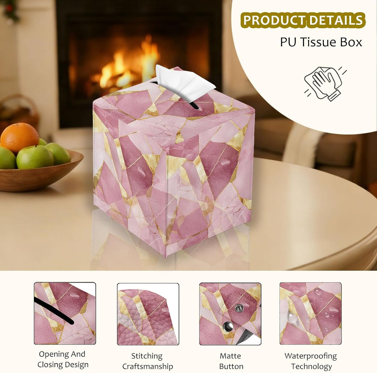 Tissue Box Cover Square, PU Leather Tissue Box Holder for Bathroom, Living Room & Office Desk, Pink Marble with Gold Foil Inlay, Decorative Modern Tissue Box Cover