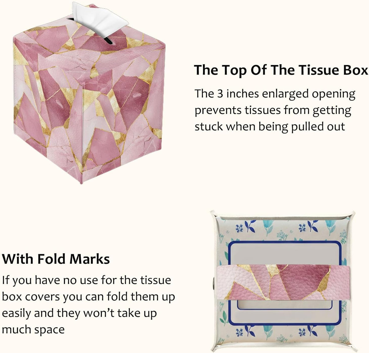 Tissue Box Cover Square, PU Leather Tissue Box Holder for Bathroom, Living Room & Office Desk, Pink Marble with Gold Foil Inlay, Decorative Modern Tissue Box Cover
