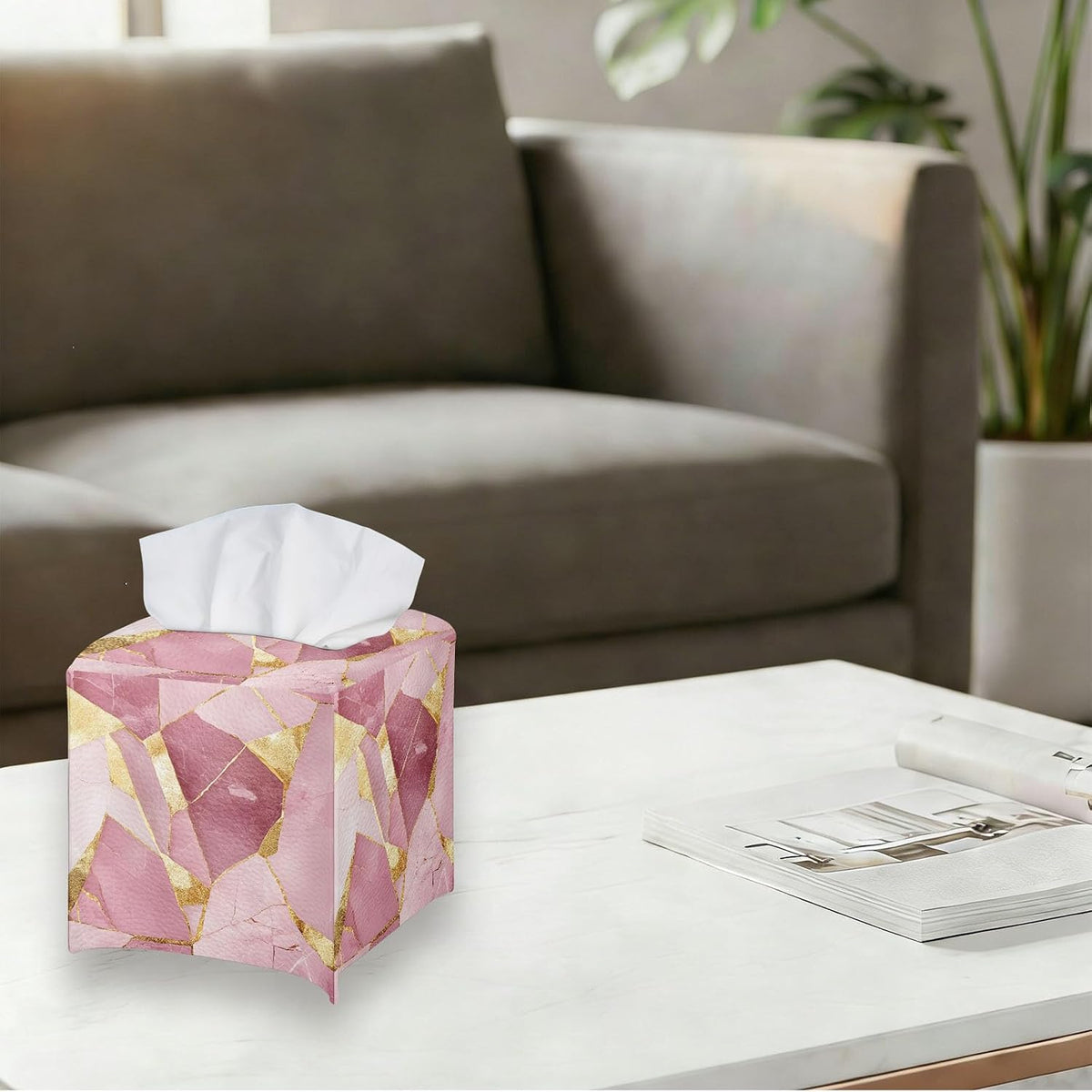 Tissue Box Cover Square, PU Leather Tissue Box Holder for Bathroom, Living Room & Office Desk, Pink Marble with Gold Foil Inlay, Decorative Modern Tissue Box Cover