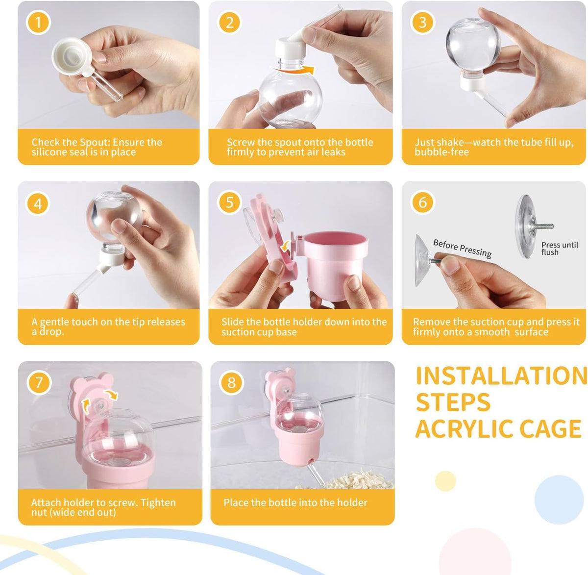 No Drip Hamster Water Bottle with Strong Suction Cup – 3.7oz Leak Proof Small Animal Water Bottle for Glass Tank & Acrylic Cage, Ideal for for Hamster, Sugar Glider, Guinea Pig Gerbil, Rat(Pink)