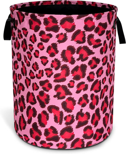 Pink Leopard Skin Laundry Basket Foldable Oxford Cloth Hamper 18.9x16.5 In