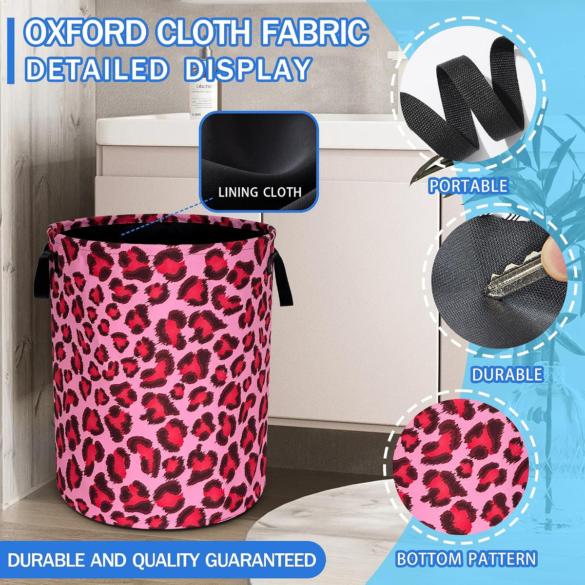 Pink Leopard Skin Laundry Basket Foldable Oxford Cloth Hamper 18.9x16.5 In