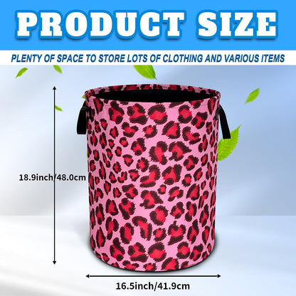 Pink Leopard Skin Laundry Basket Foldable Oxford Cloth Hamper 18.9x16.5 In