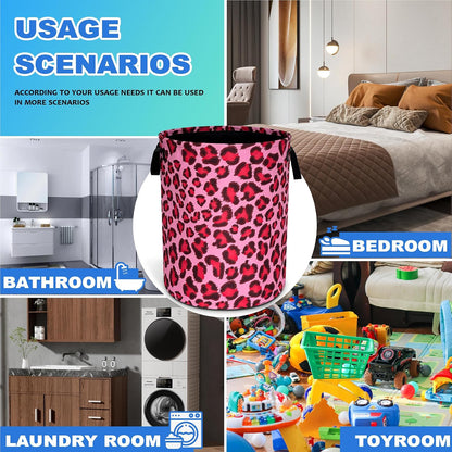 Pink Leopard Skin Laundry Basket Foldable Oxford Cloth Hamper 18.9x16.5 In