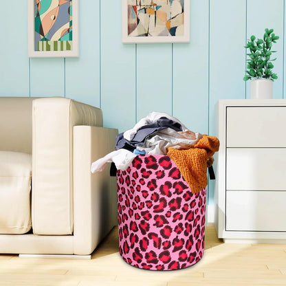 Pink Leopard Skin Laundry Basket Foldable Oxford Cloth Hamper 18.9x16.5 In