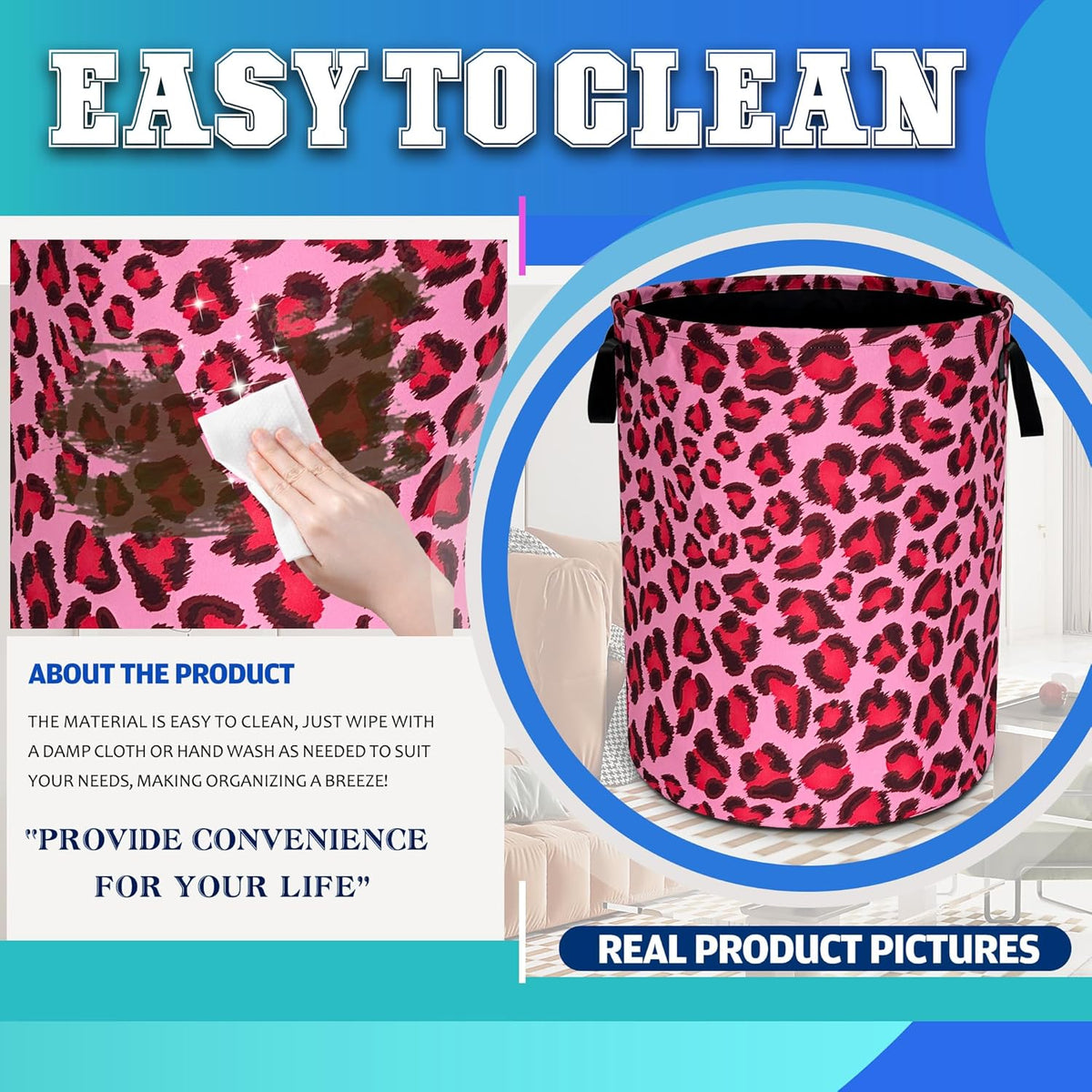 Pink Leopard Skin Laundry Basket Foldable Oxford Cloth Hamper 18.9x16.5 In