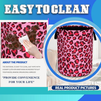 Pink Leopard Skin Laundry Basket Foldable Oxford Cloth Hamper 18.9x16.5 In