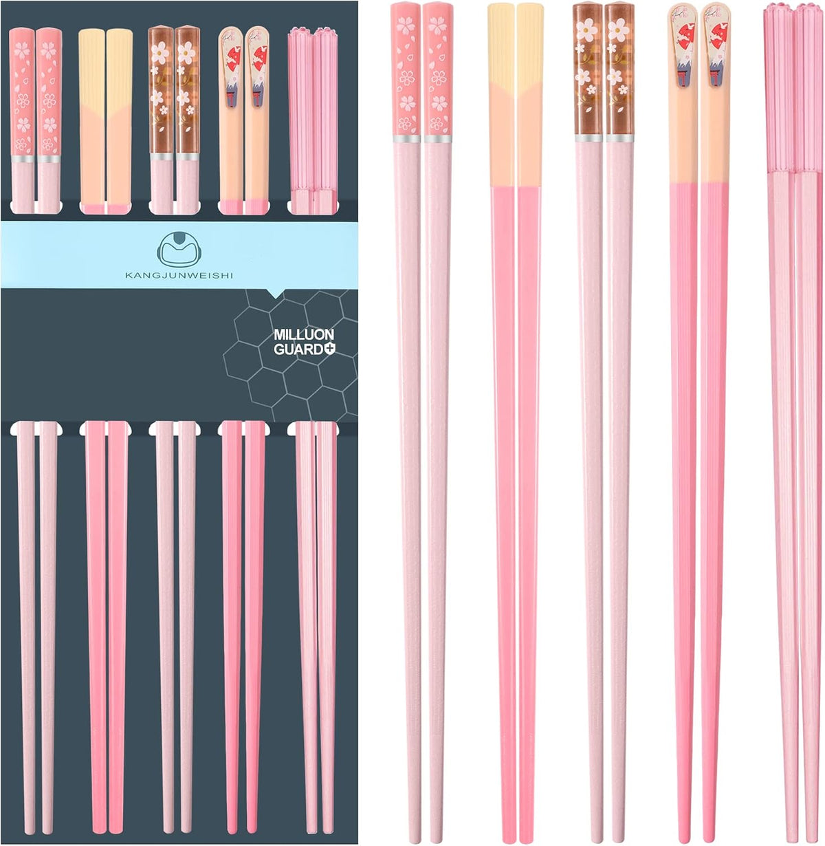 5 Pairs Pink Fiberglass Chopsticks, Non-Slip Reusable
