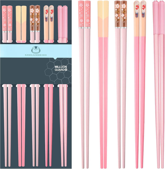 5 Pairs Pink Fiberglass Chopsticks, Non-Slip Reusable