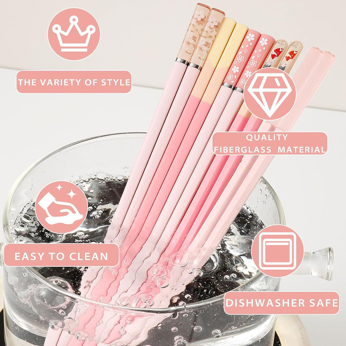 5 Pairs Pink Fiberglass Chopsticks, Non-Slip Reusable