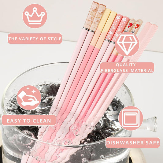 5 Pairs Pink Fiberglass Chopsticks, Non-Slip Reusable